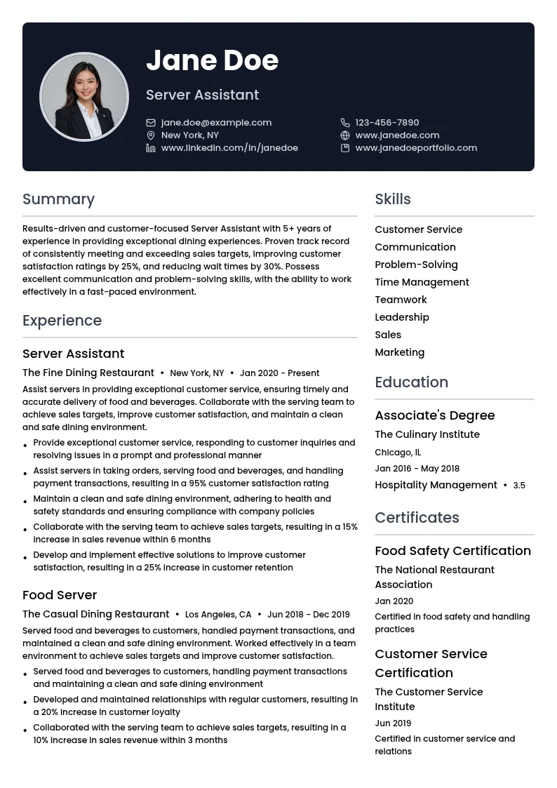 Server Assistant resume example