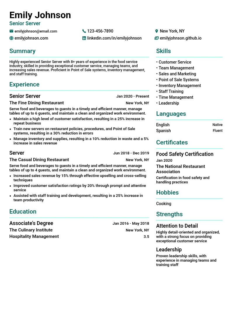 Senior Server resume example