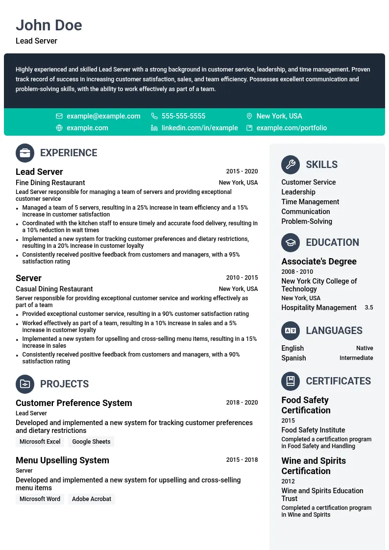 Lead Server resume example