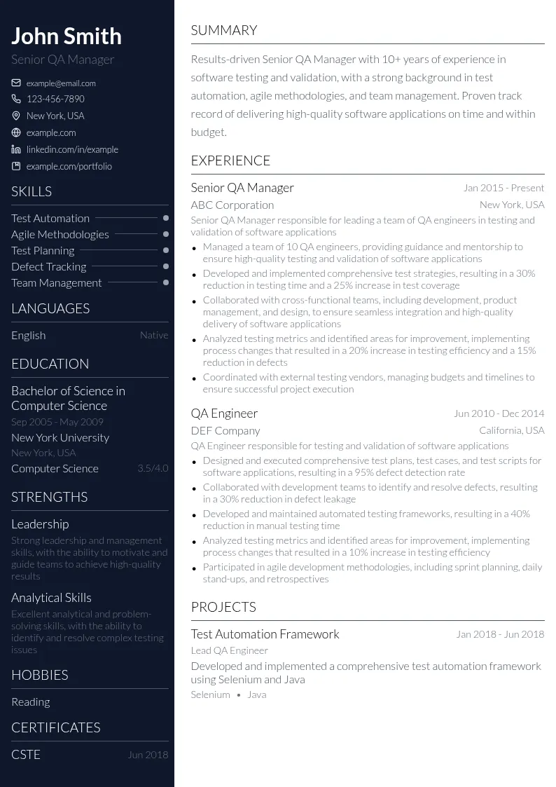 Senior QA Manager resume example