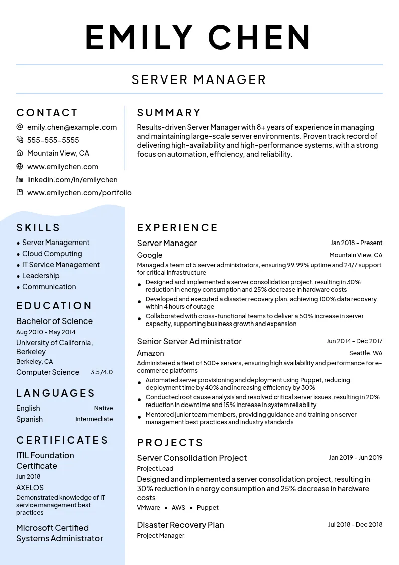 Server Manager resume example