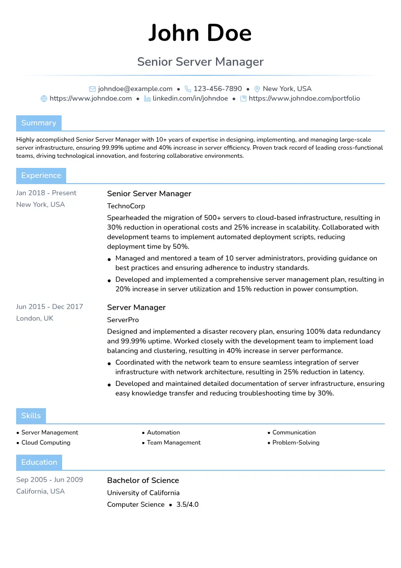 Senior Server Manager resume example