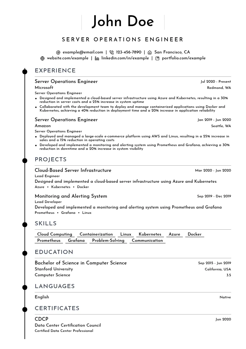 Server Operations resume example