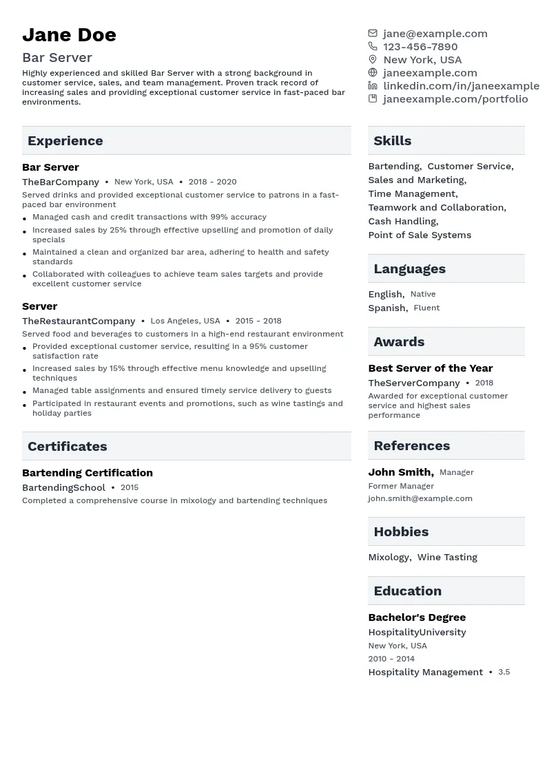 Bar Server resume example