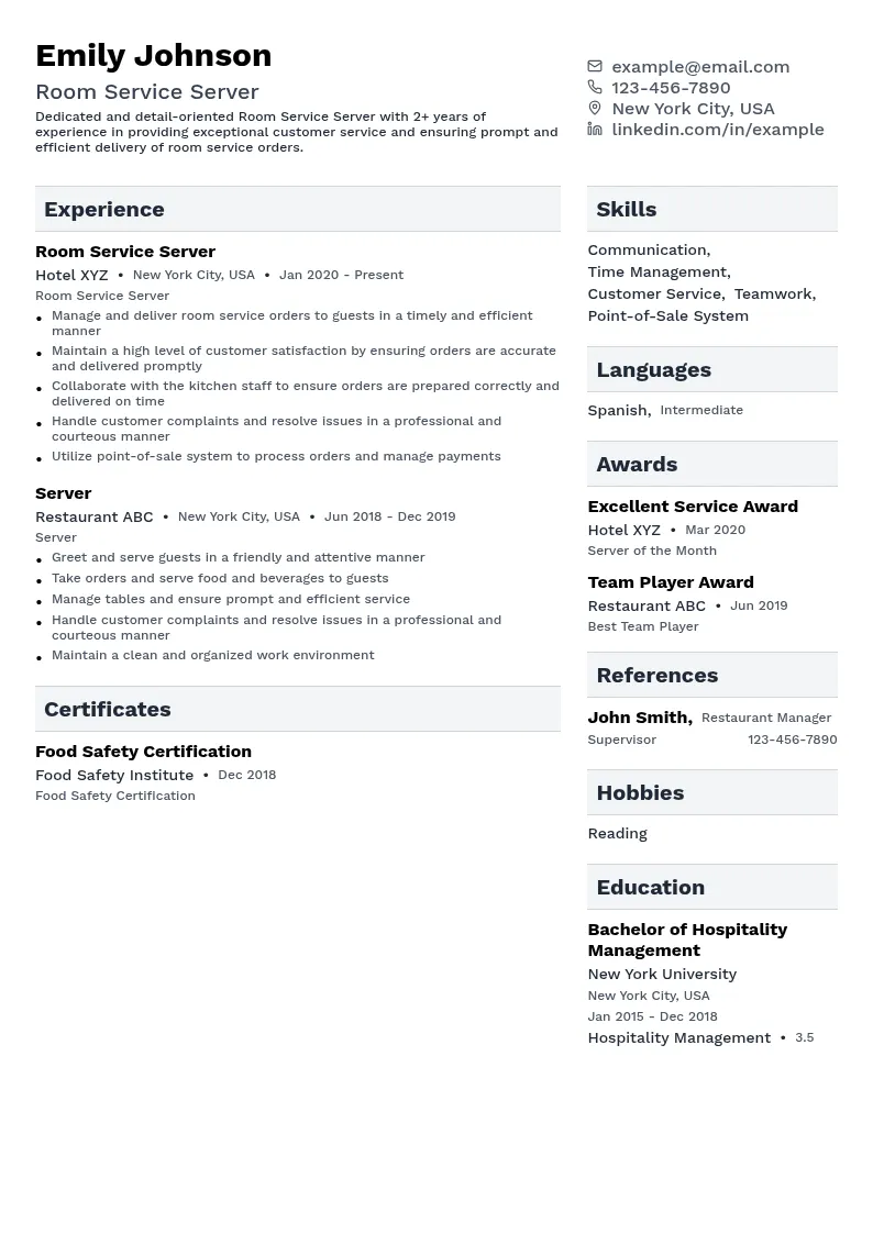 Room Service Server resume example