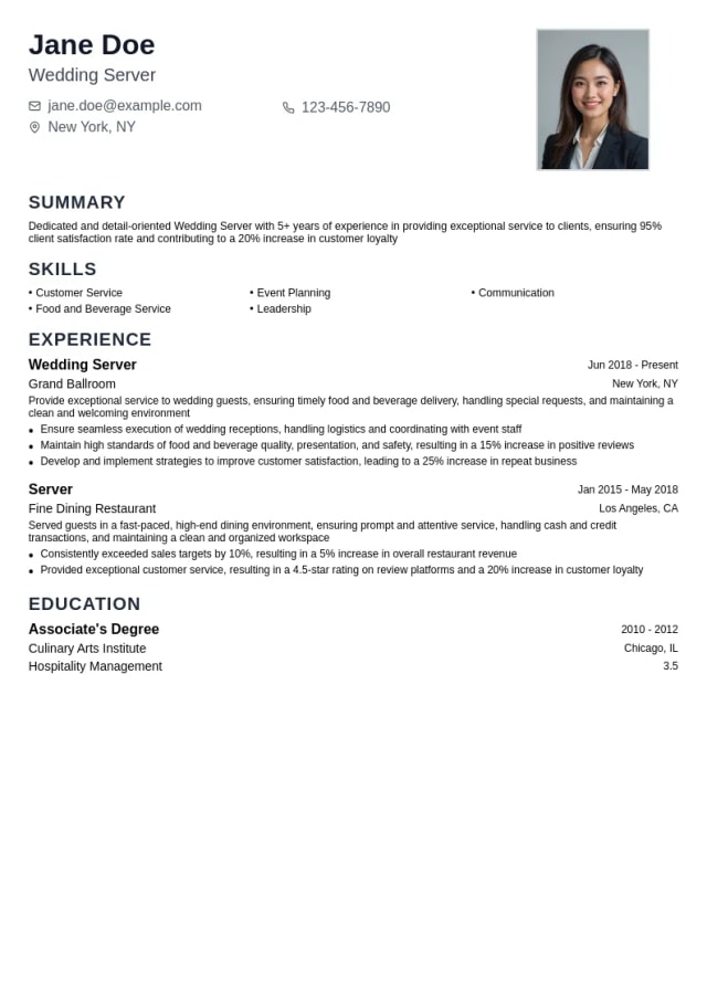 Wedding Server resume example
