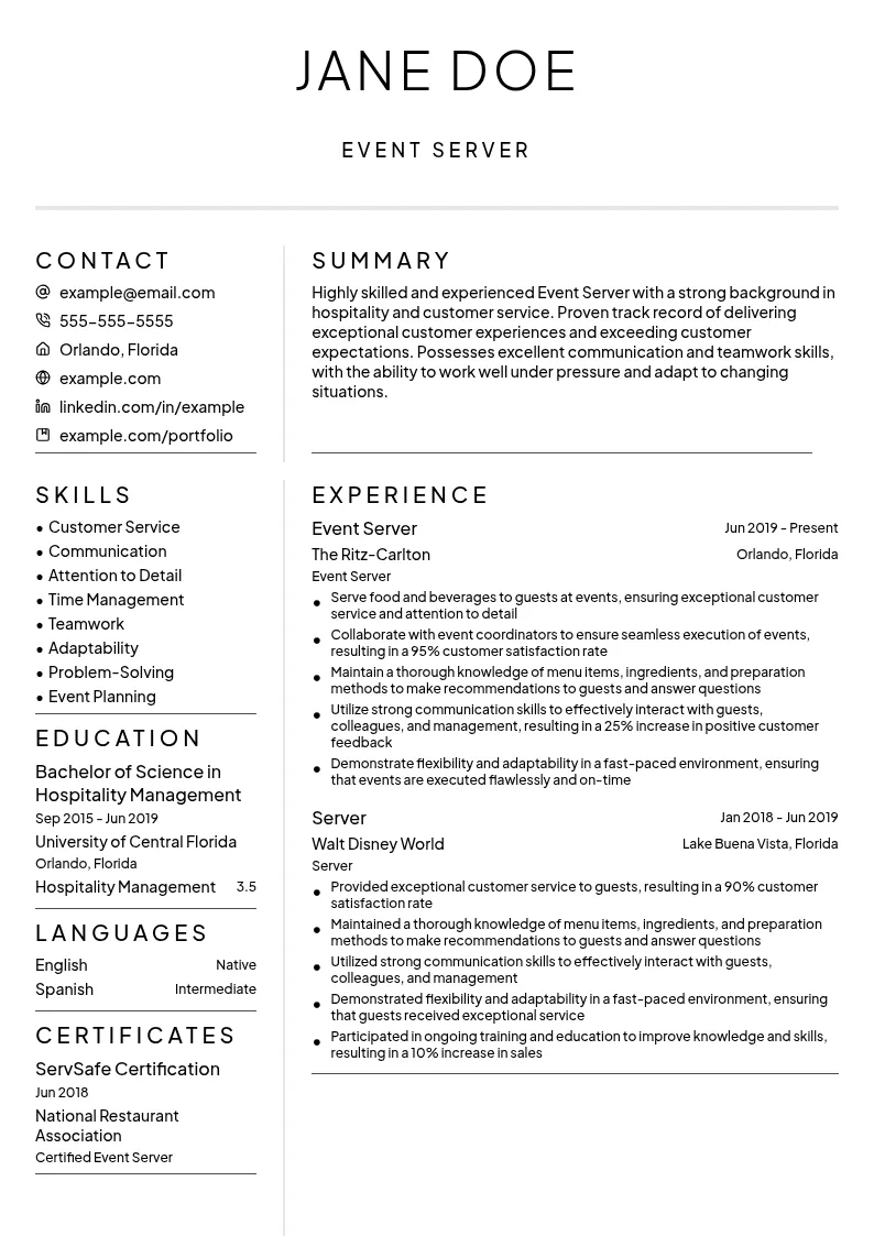 Event Server resume example