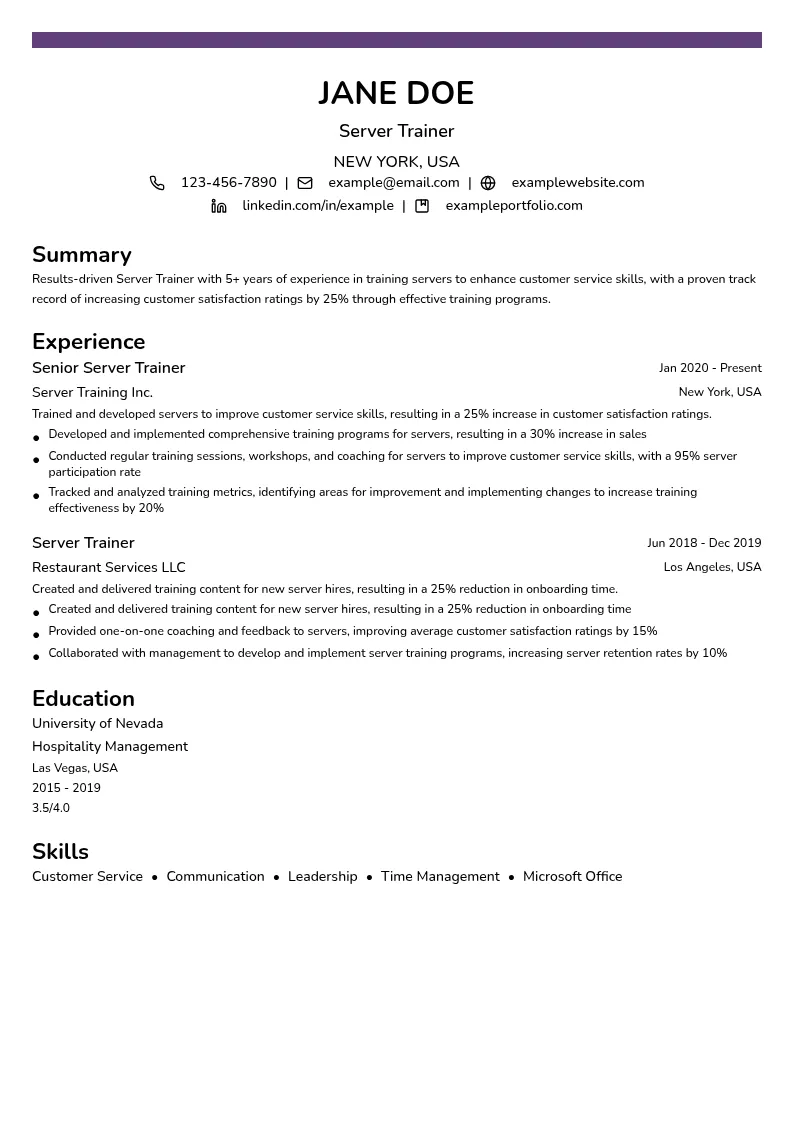 Server Trainer resume example
