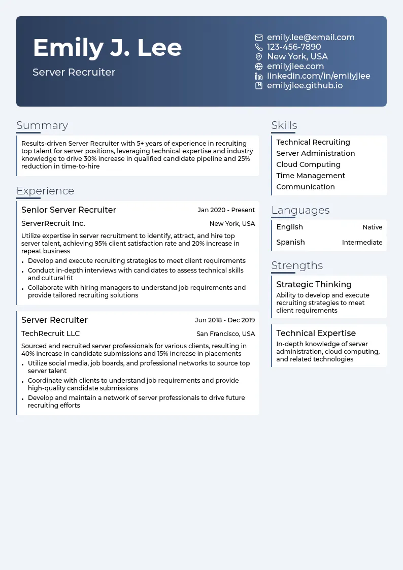 Server Recruiter resume example