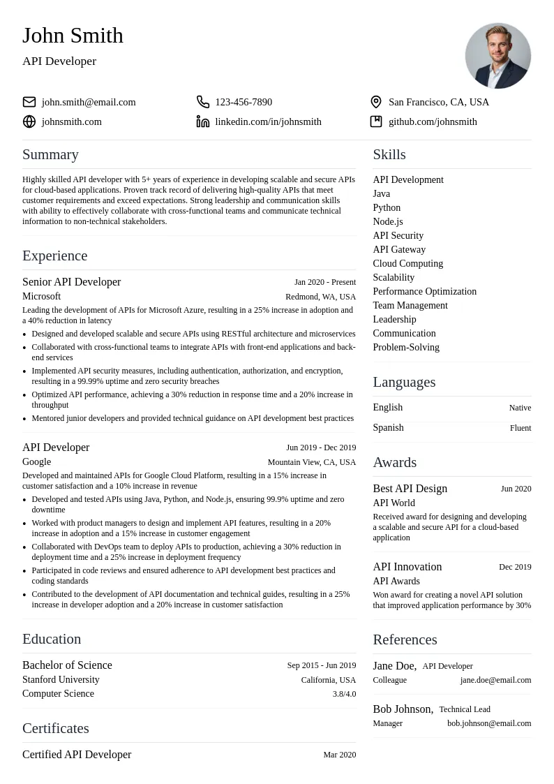 API Developer resume example