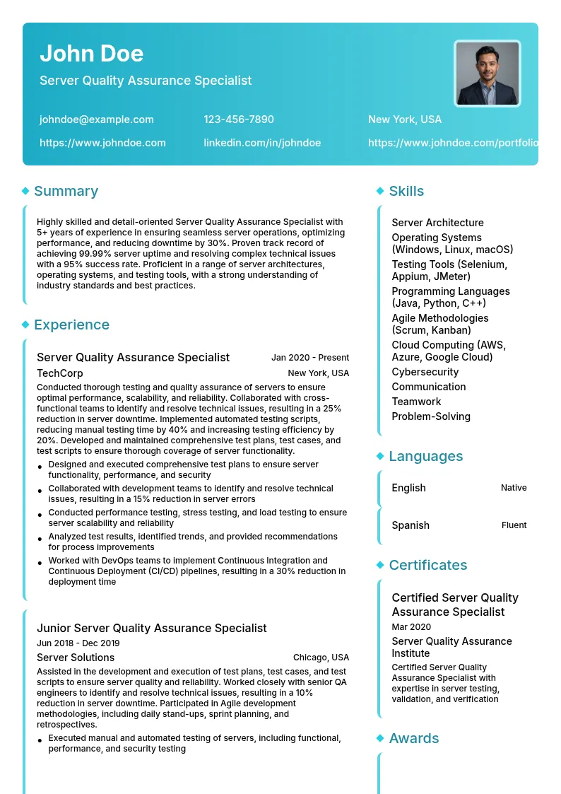 Server Quality Assurance Specialist resume example