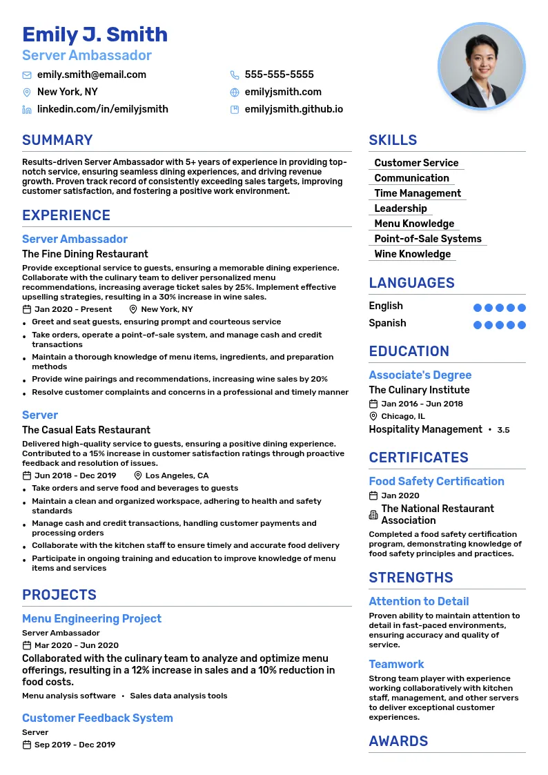 Server Ambassador resume example