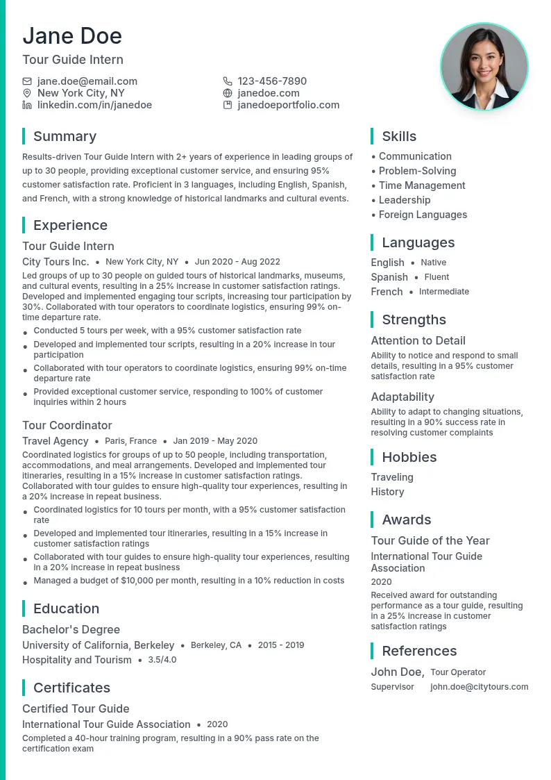 Tour Guide Intern resume example