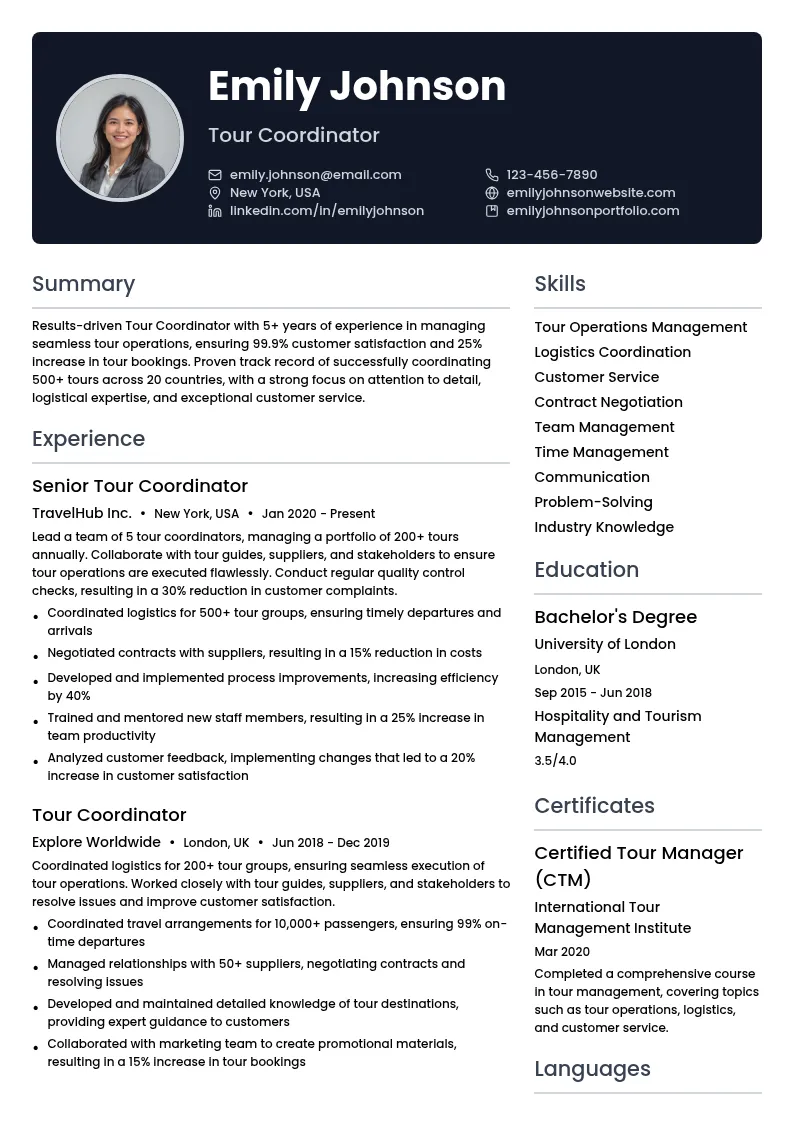 Tour Coordinator resume example