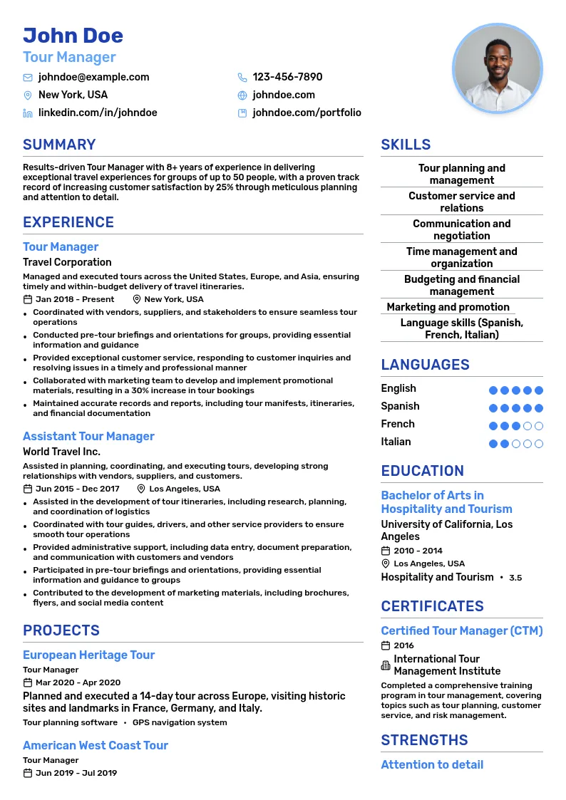 Tour Manager resume example