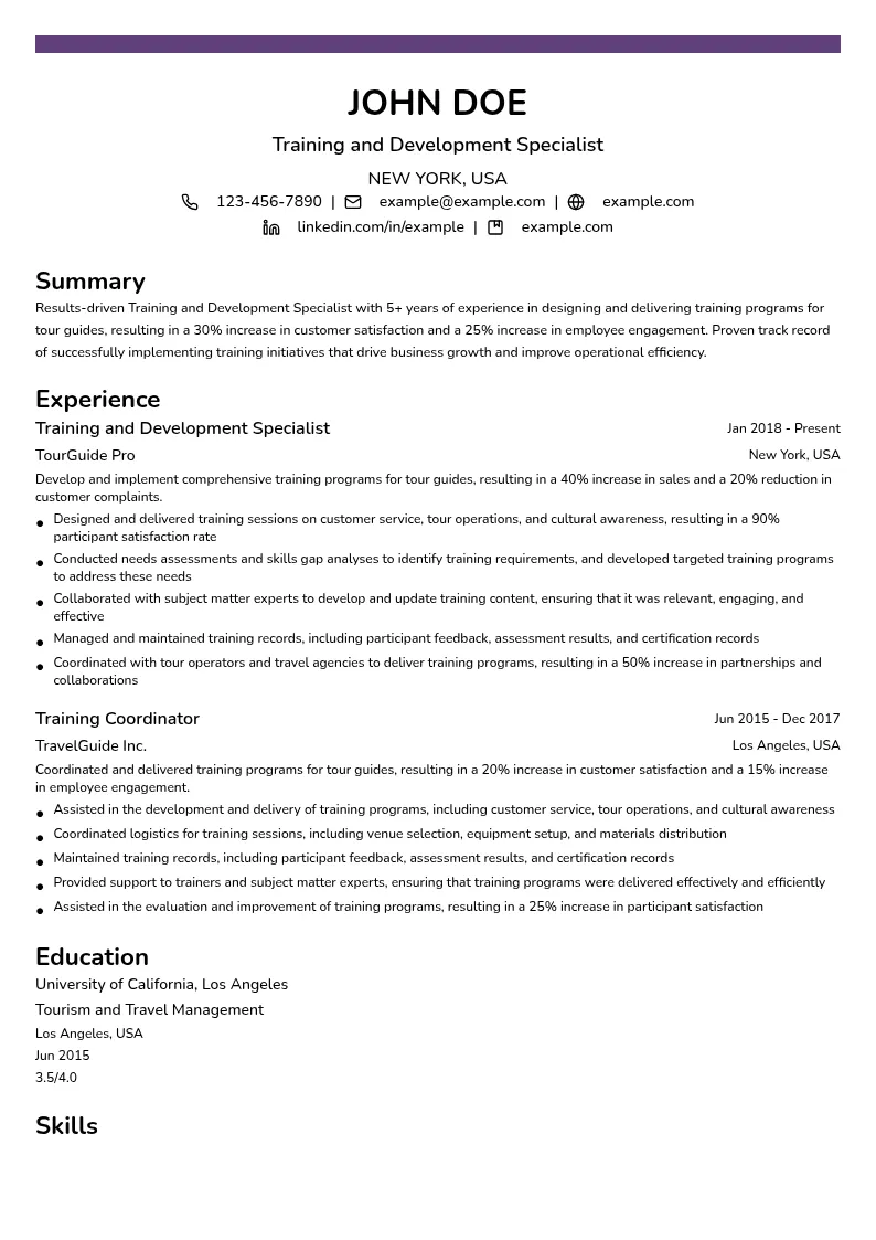Training and Development Specialist resume example