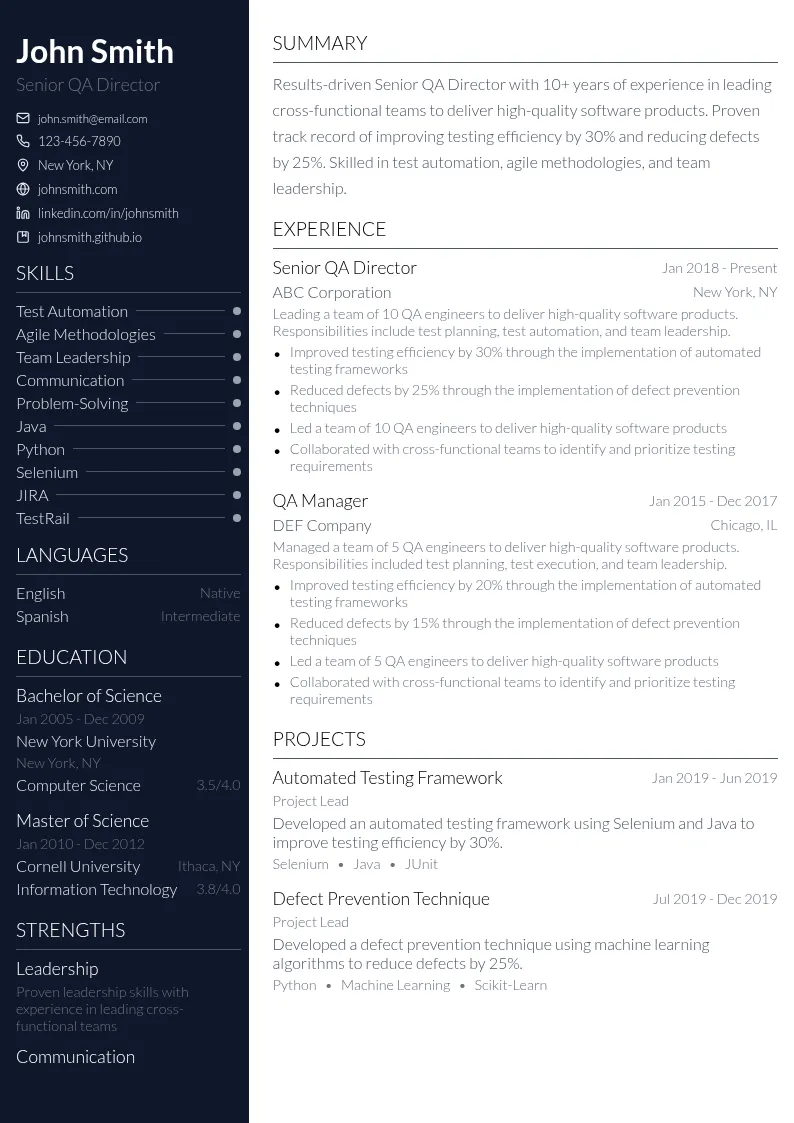 Senior QA Director resume example
