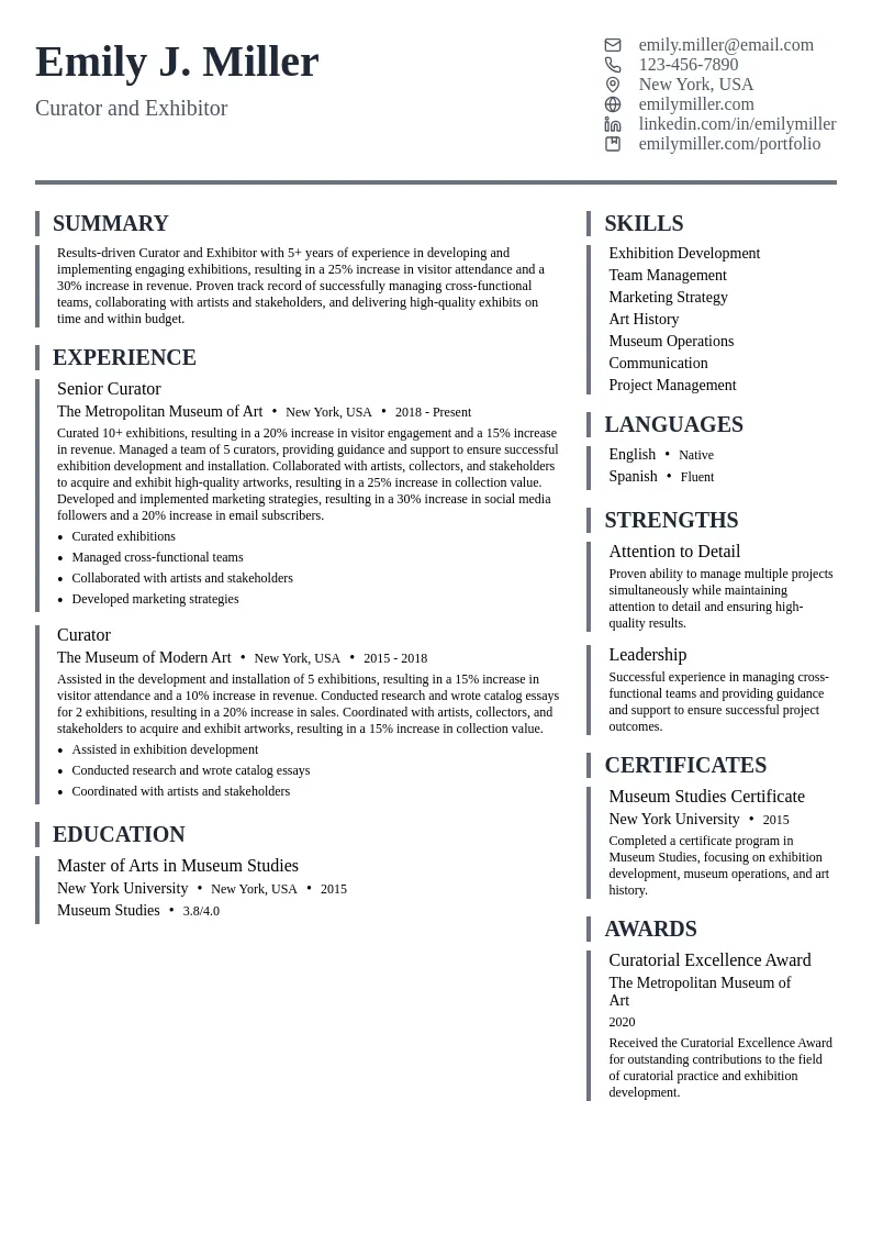Curator and Exhibitor resume example