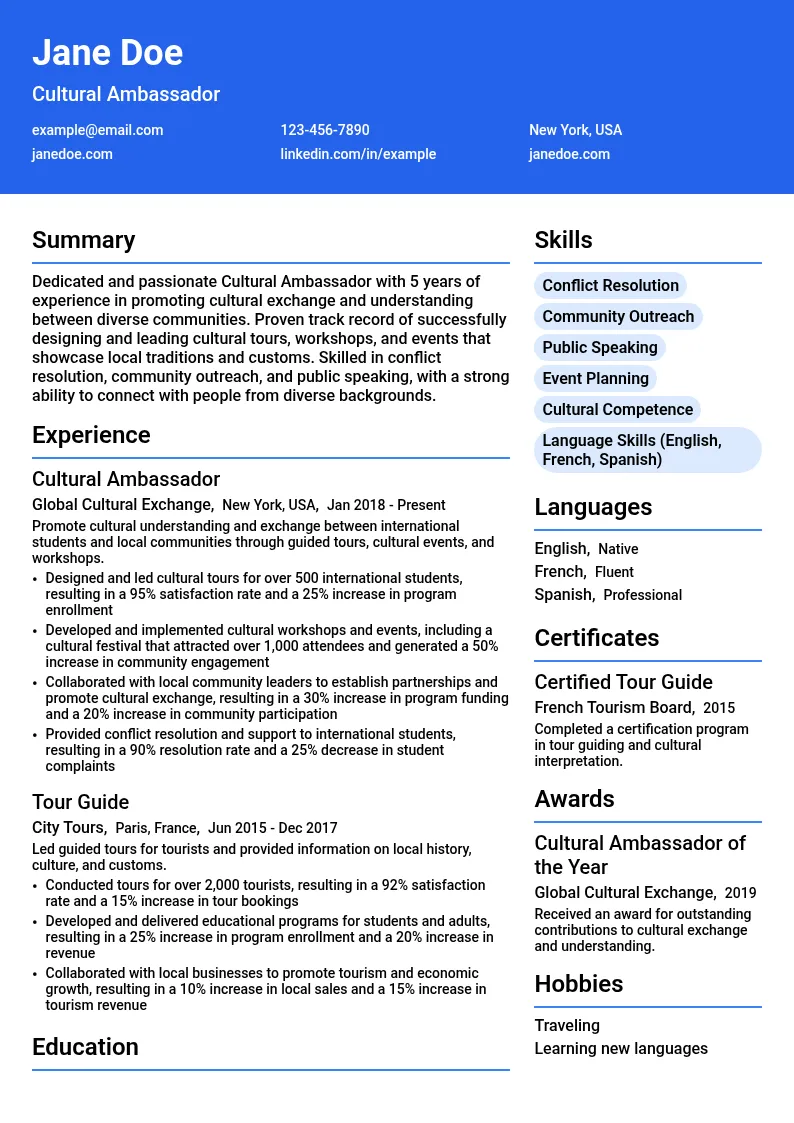 Cultural Ambassador resume example