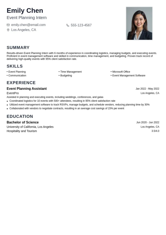 Event Planning Intern resume example