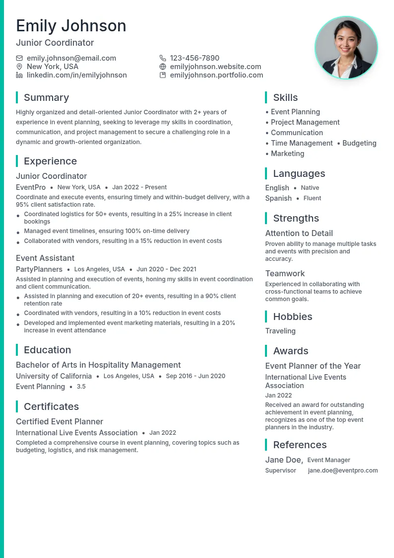 Junior Coordinator resume example