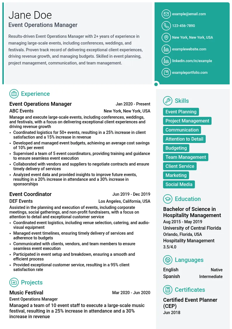 Event Operations Manager resume example