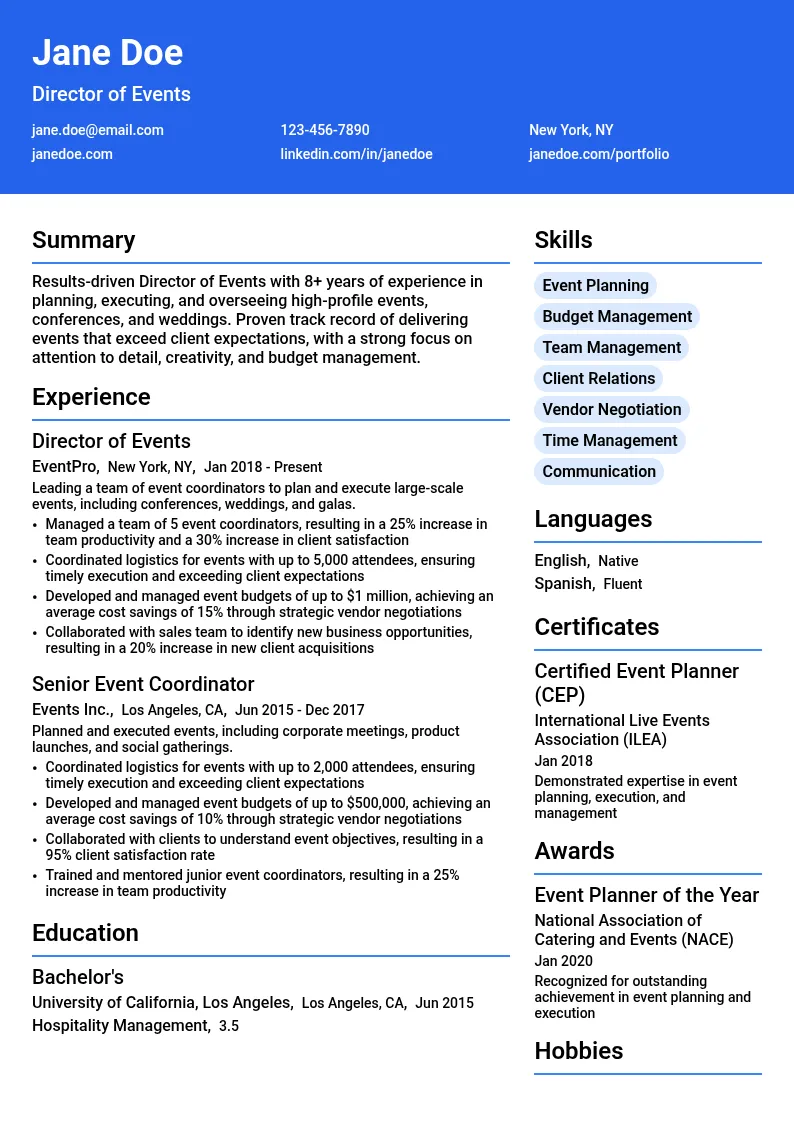Director of Events resume example