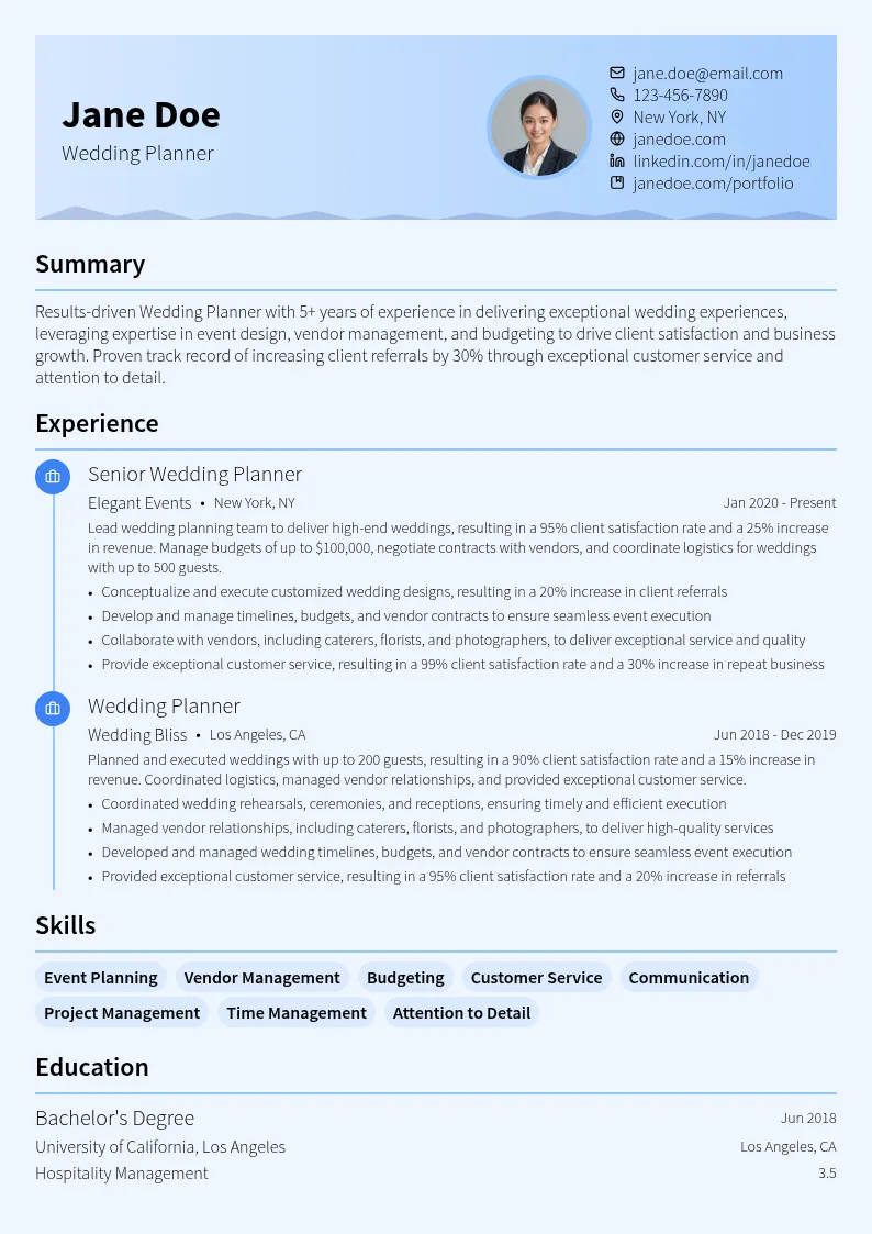 Wedding Planner resume example