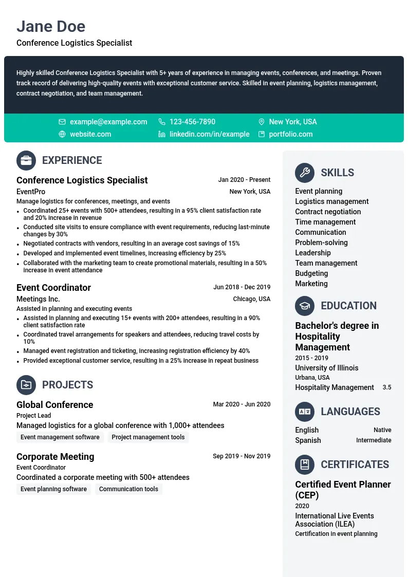 Conference Logistics Specialist resume example
