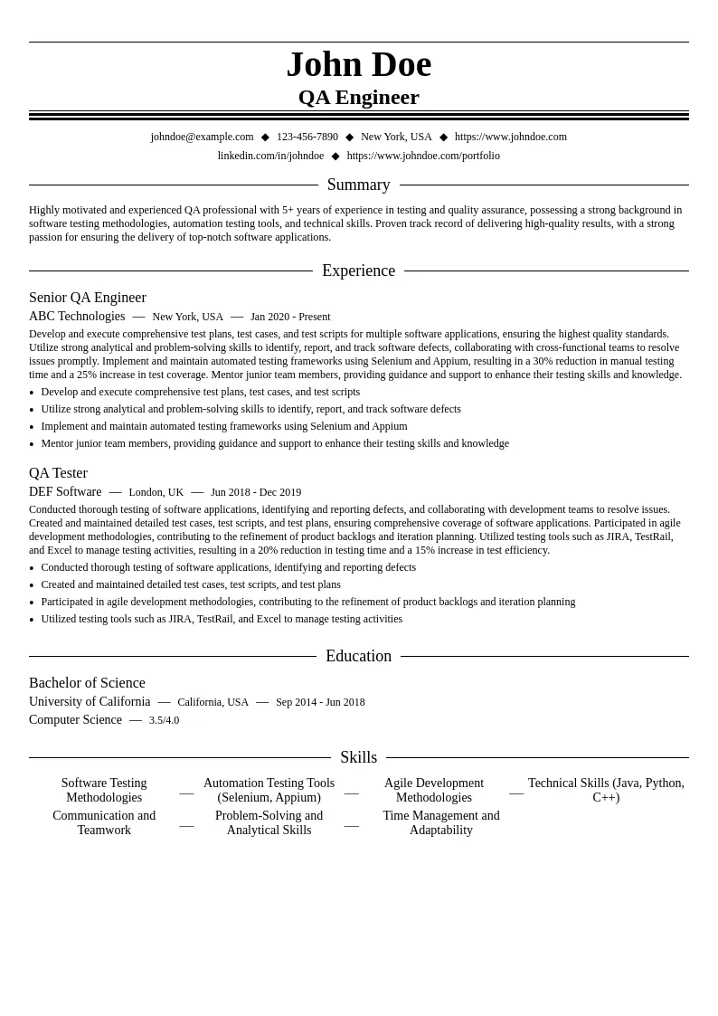 Types of QA Testers (e.g., Mobile QA Tester, Automation QA Tester), QA Engineers, Test Analyst, Test Automation Engineer, Performance Tester, Security Tester, Accessibility Tester resume example