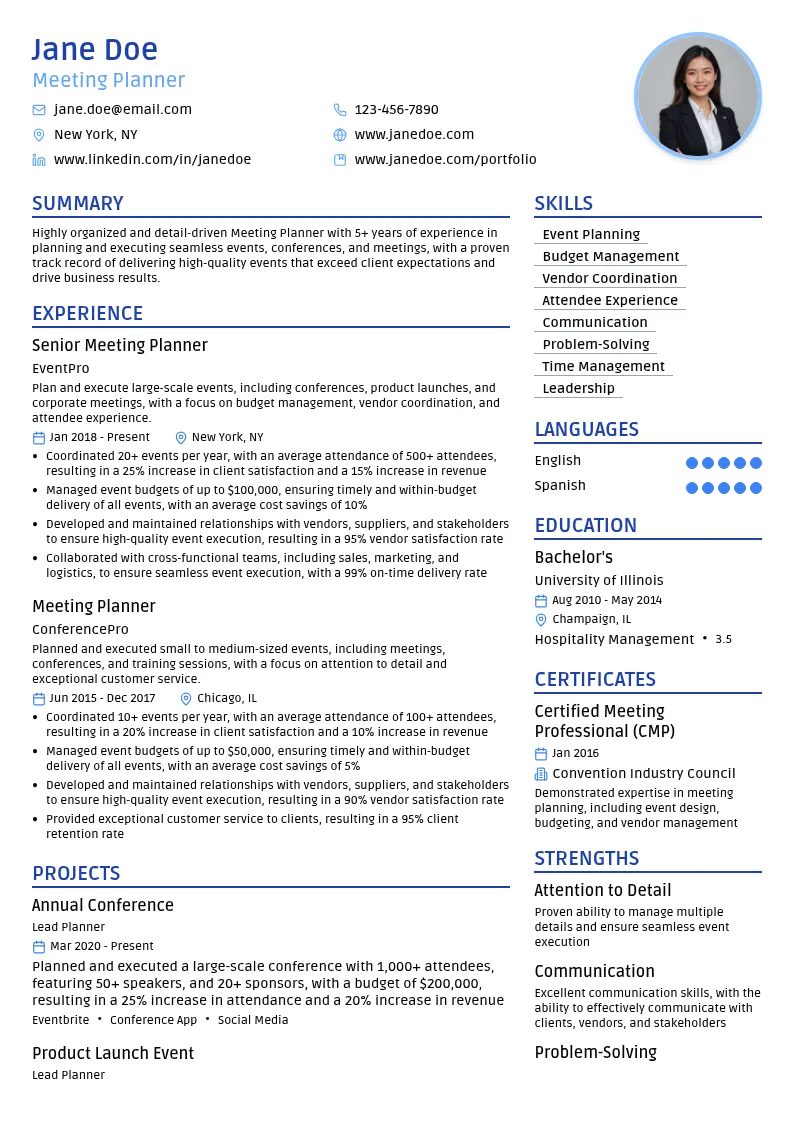 Meeting Planner resume example