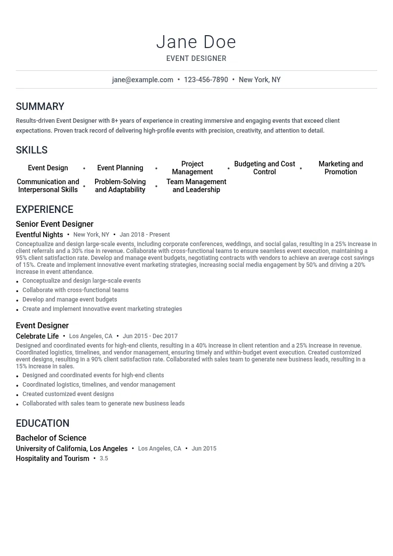 Event Designer resume example