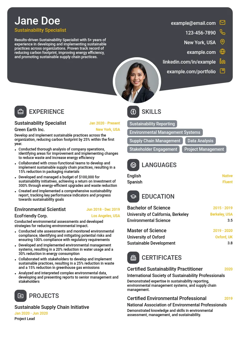 Sustainability Specialist resume example