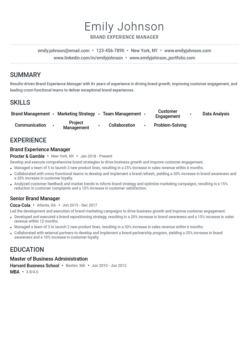 Brand Experience Manager resume example