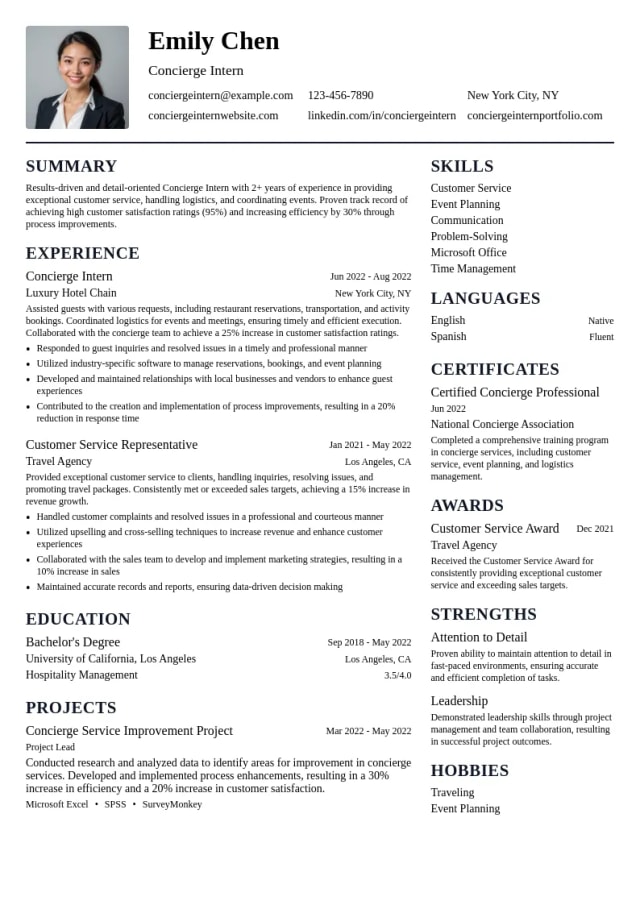 Concierge Intern resume example