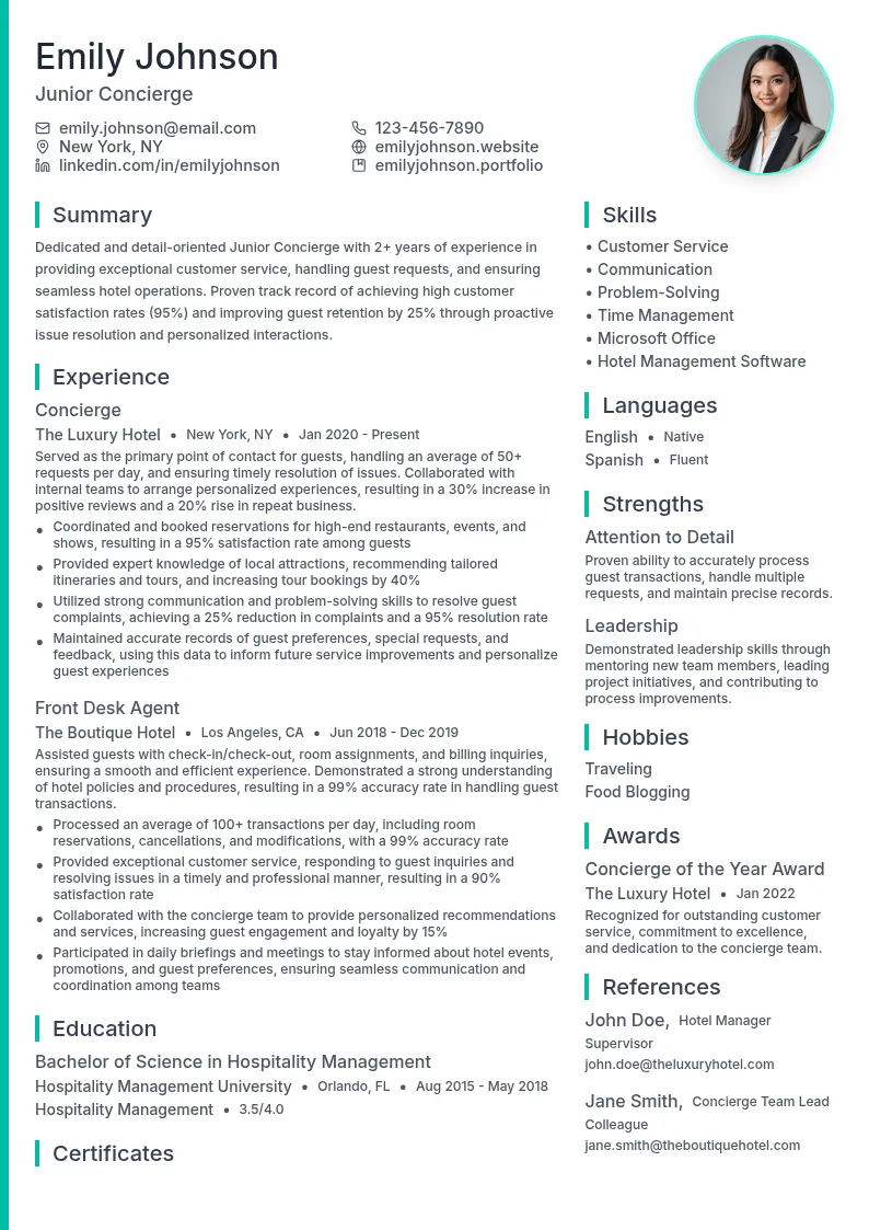 Junior Concierge resume example