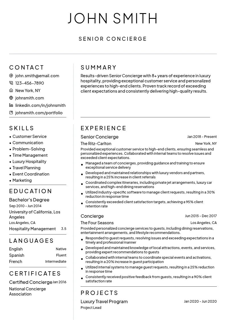 Senior Concierge resume example