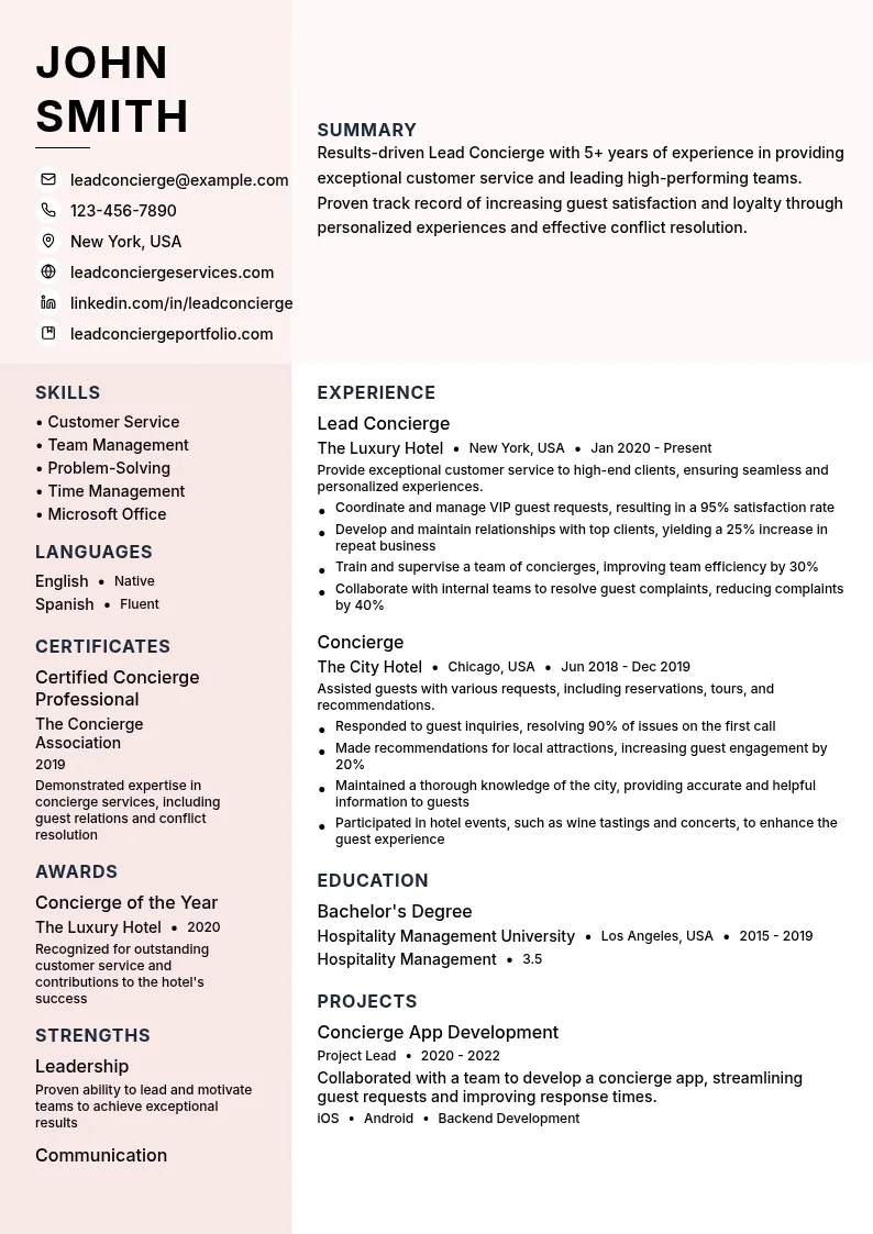 Lead Concierge resume example