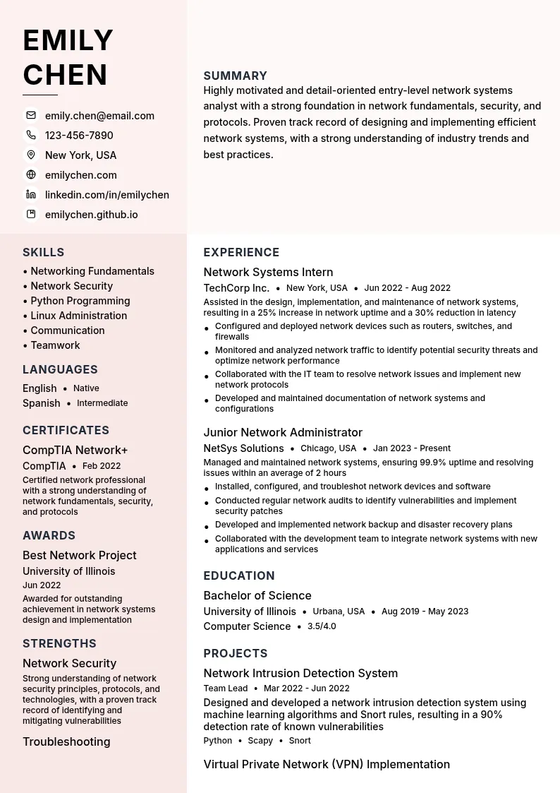 Entry-Level Network Systems Analyst resume example