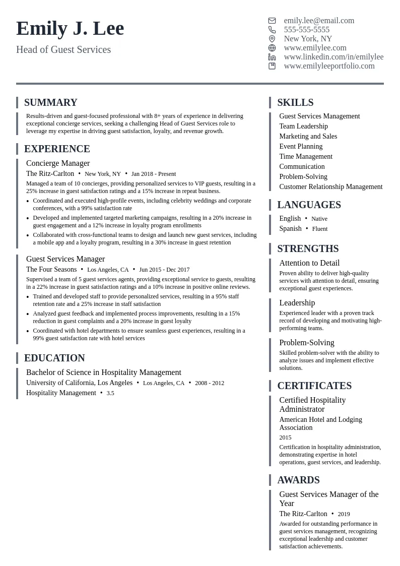 Head of Guest Services resume example