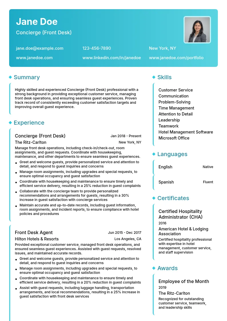 Concierge (Front Desk) resume example