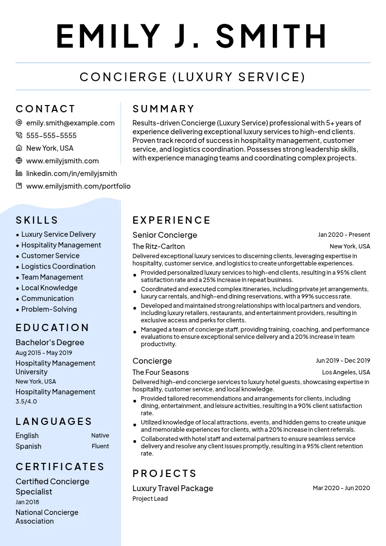Concierge (Luxury Service) resume example