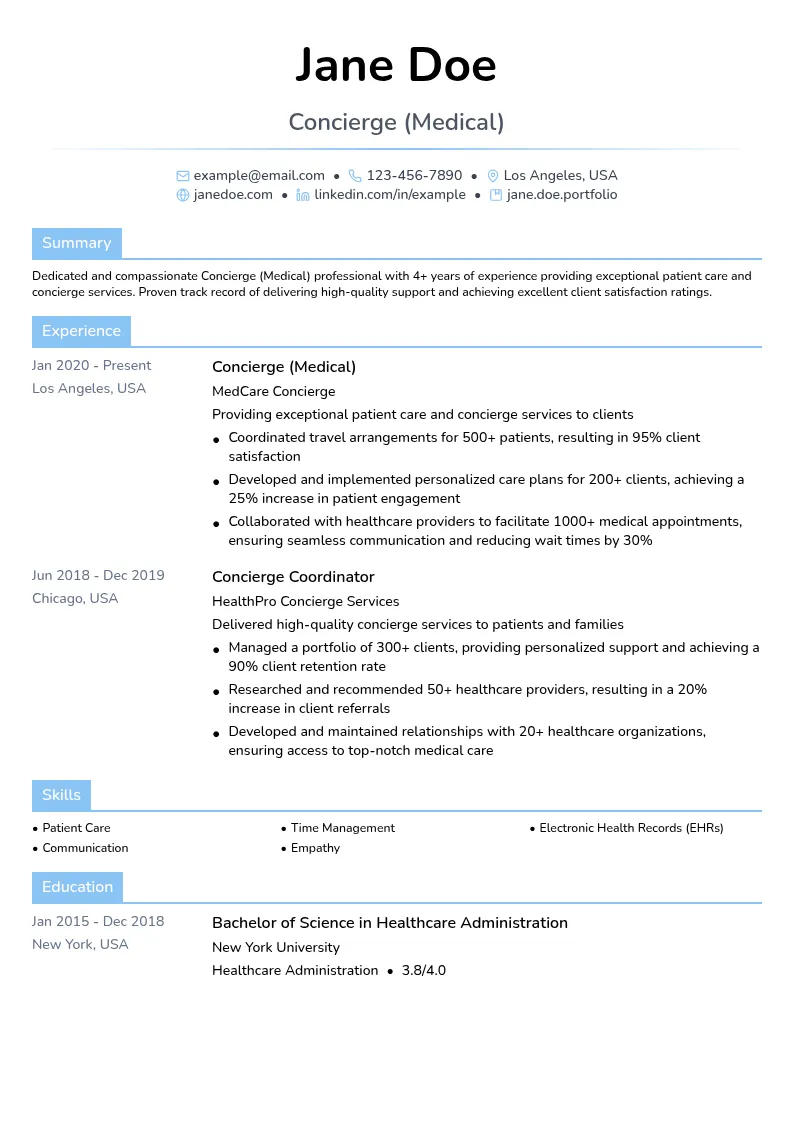 Concierge (Medical) resume example
