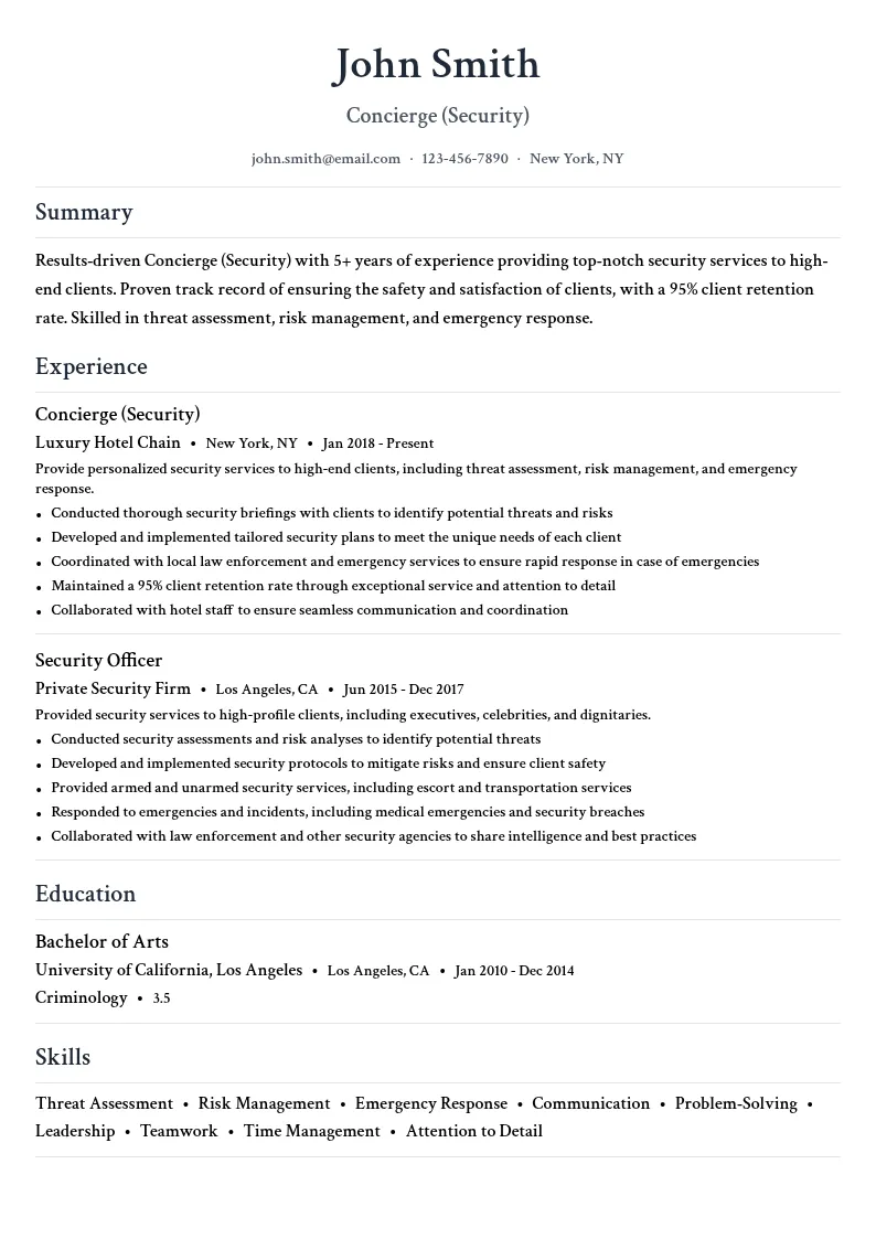 Concierge (Security) resume example