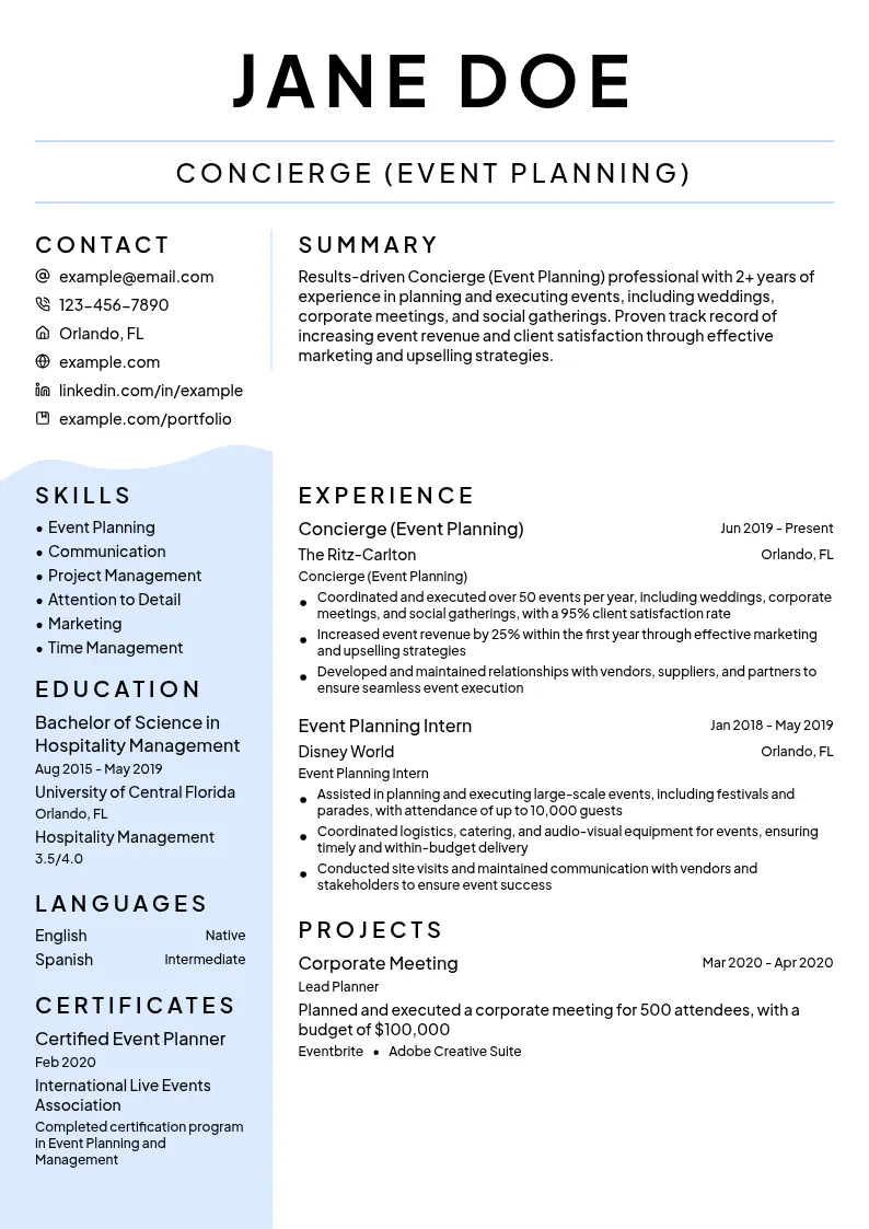 Concierge (Event Planning) resume example