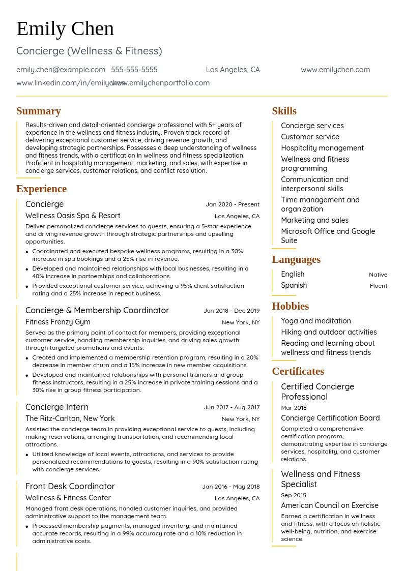 Concierge (Wellness & Fitness) resume example
