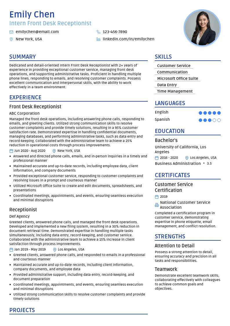 Intern Front Desk Receptionist resume example