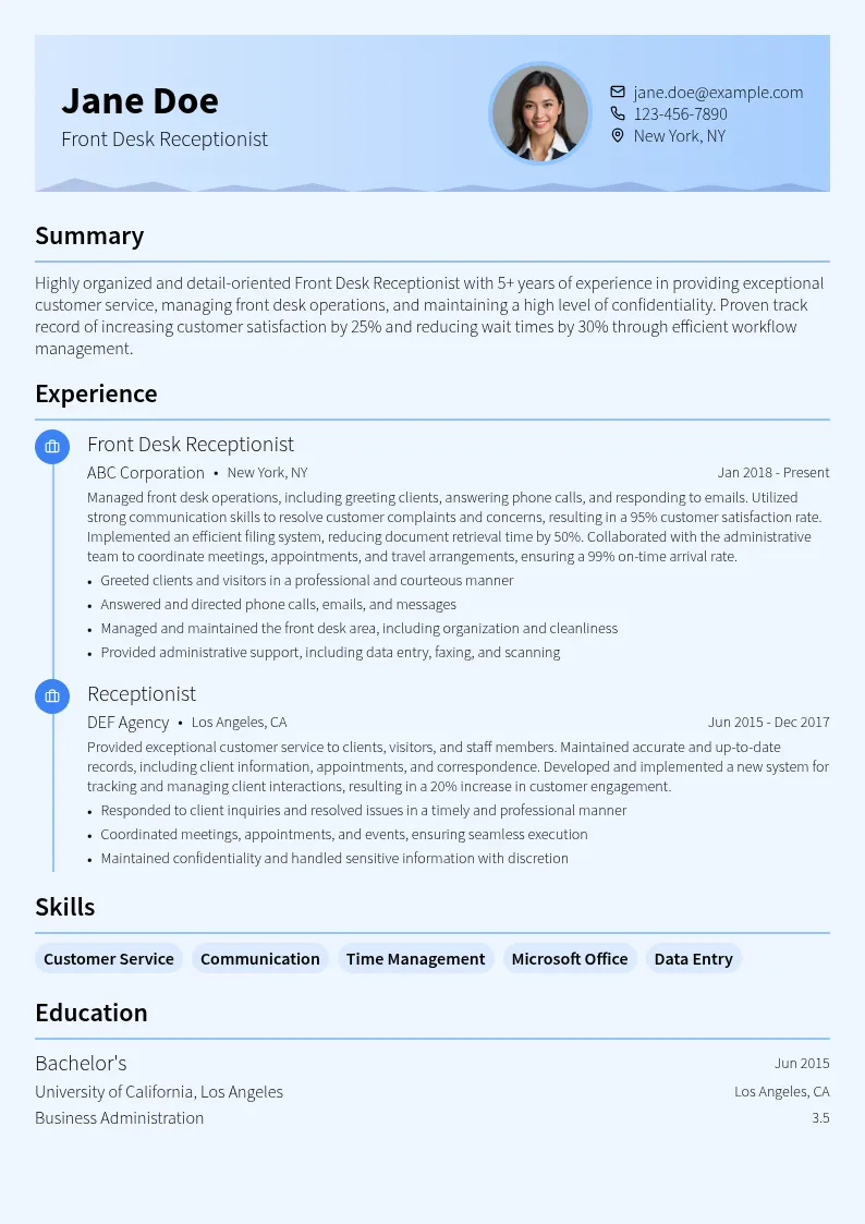 Front Desk Receptionist resume example