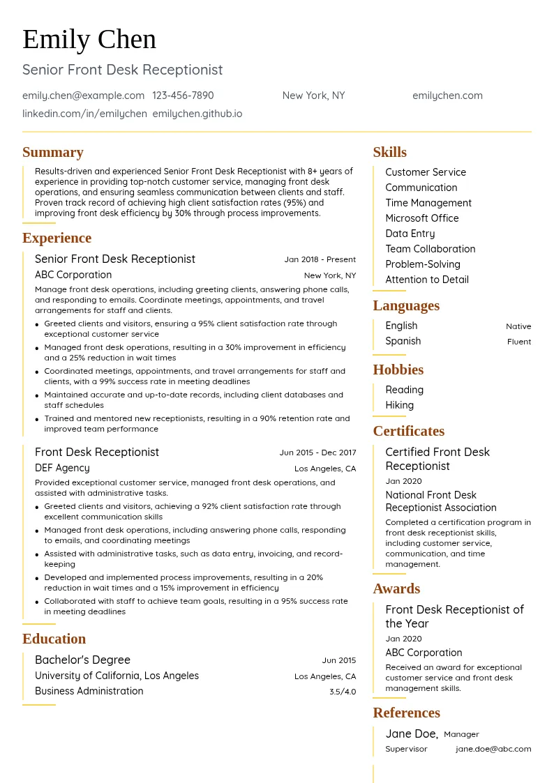 Senior Front Desk Receptionist resume example