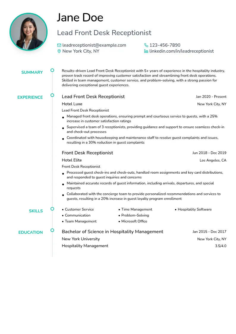 Lead Front Desk Receptionist resume example